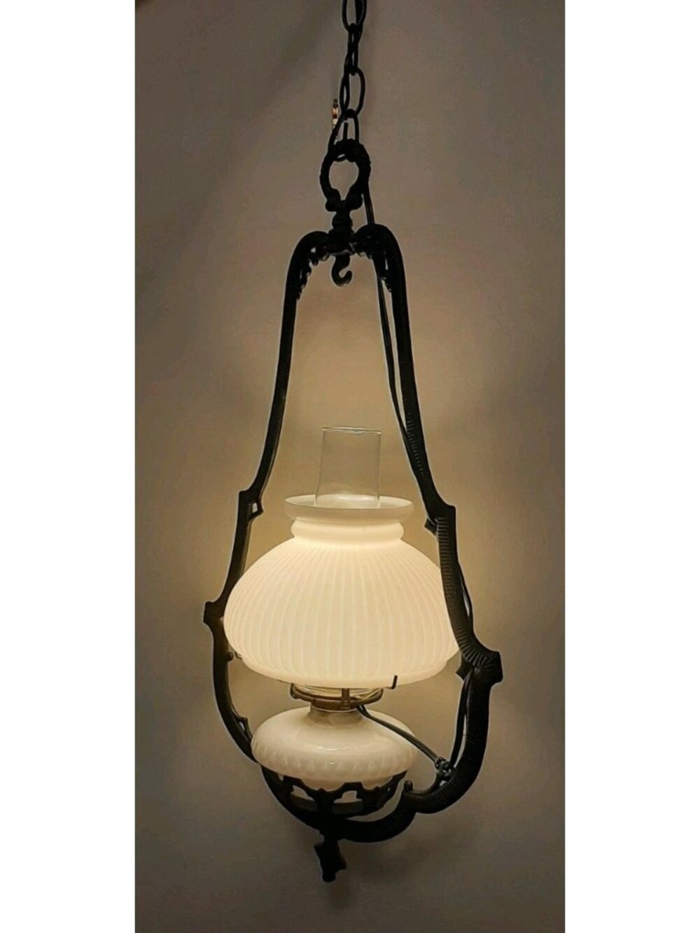 Vintage Swag Milk Glass Hanging Lamp Black Decorative Cast Iron Frame Electric